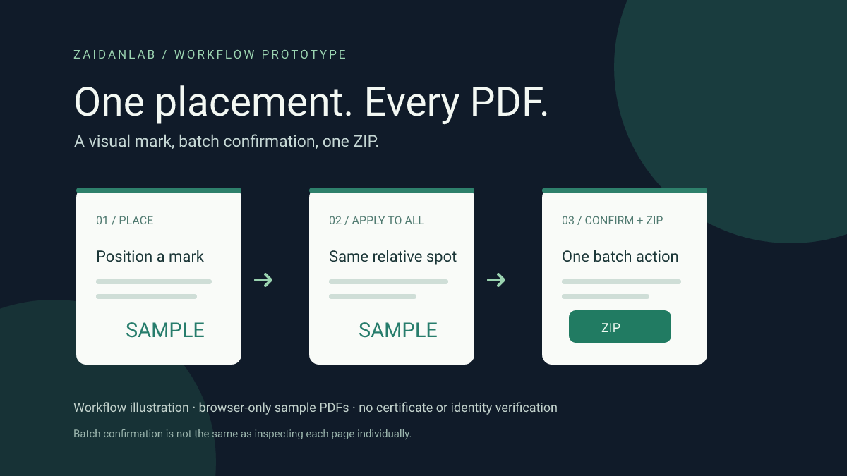 Illustration of a sample visual mark applied to a batch of PDFs; not an application screenshot