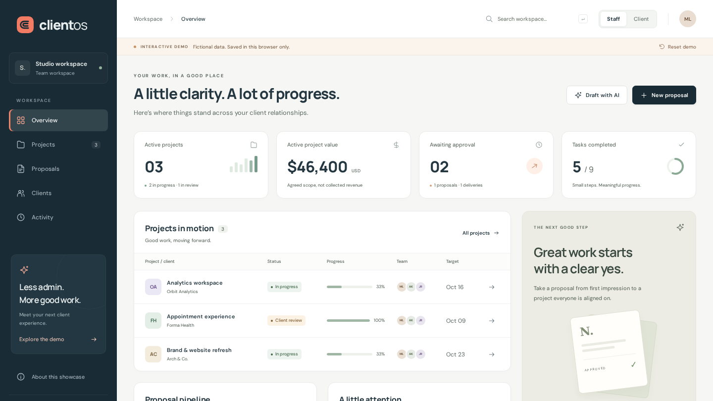 Actual ClientOS demo dashboard with fictional projects and approval queues